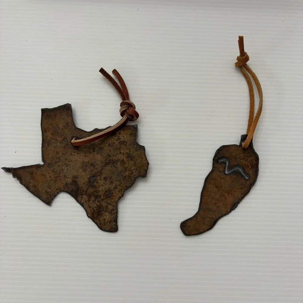 Rustic Hand Forged Texas State & Cowboy Boot Rusted Meta Christmas Ornaments